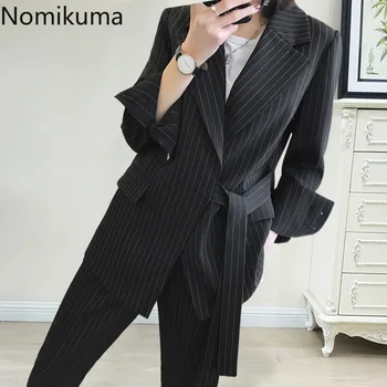 

Nomikuma 2020 Korean Striped Women Two Piece Outfits Belt Lace Up Notched Collar Blazer Jacket + Long Suit Pants OL Set 3Z412