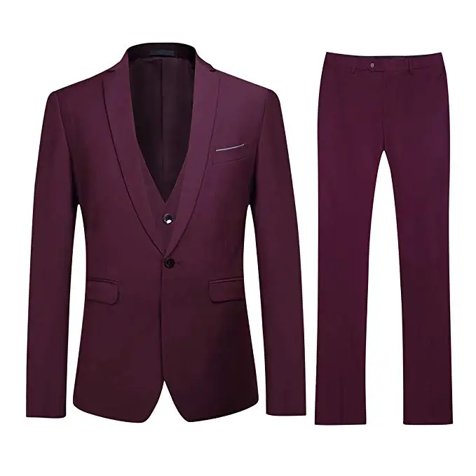 Burgundy Фиолетовый мужской Slim Fit 3 шт костюм одна кнопка Блейзер жилет под смокинг и брюки - Цвет: Burgundy