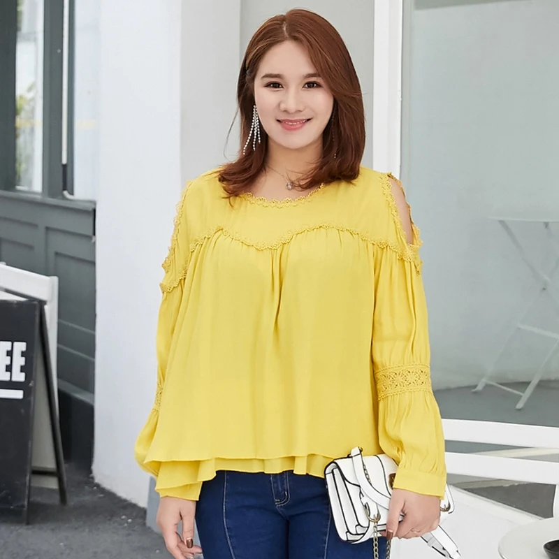 L~ 4XL 5XL, большие размеры, блузка с открытыми плечами, рубашка, повседневные топы с длинными рукавами, желтые двухслойные Модные осенние блузки с оборками, C2281 - Цвет: Цвет: желтый