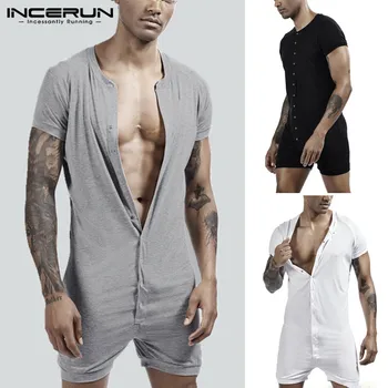 

INCERUN Fashion Men Pajamas Playsuit Sleepwear Jumpsuit Short Sleeve Button Nightwear Slim Solid Color Men Romper Homewear S-5XL