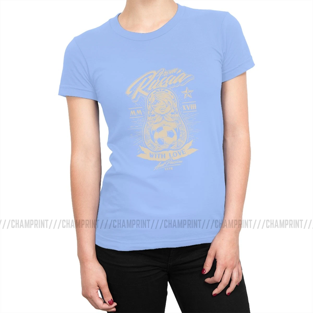 Women's From Russia With Love T-shirts Matryoshka Doll T Shirts Vogue Pure Cotton Tops Tees Summer Female Clothing Plus Size - Цвет: Небесно-голубой