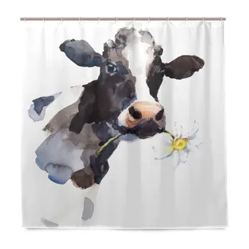 

Milk Cow with A Daisy Flower Shower Curtain Polyester Fabric Curtain with 12 Hooks Custom Waterproof Bathroom Decor,72 x 72 inch