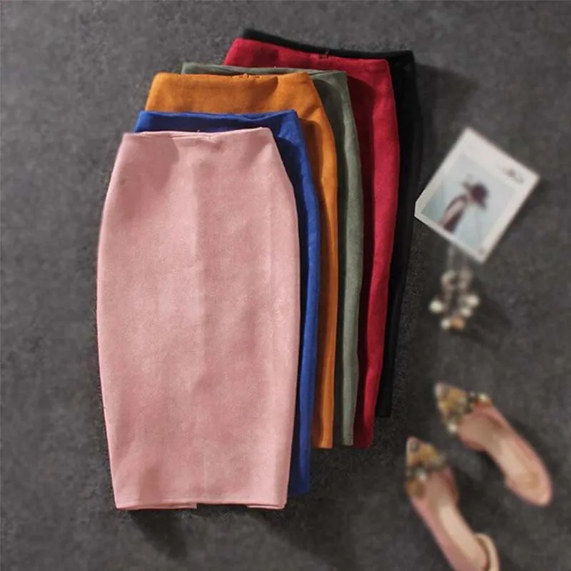 Women Skirts High Waist Elastic Skinny Bodycon Skirt Vintage Suede Split Pencil Skirts 2019 Casual Solid Midi Skirts For Women