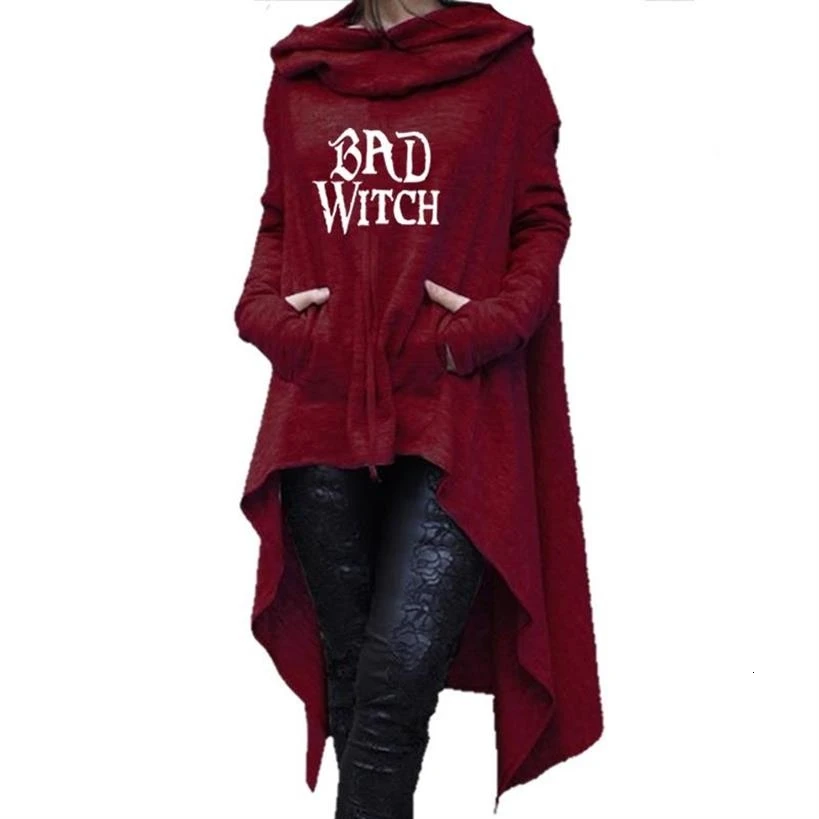 Bad Witch Letters Print Long Irregular Hoodies For Women Tops Sweatshirt Femmes Kawaii Girls Loose Cotton Clothings And