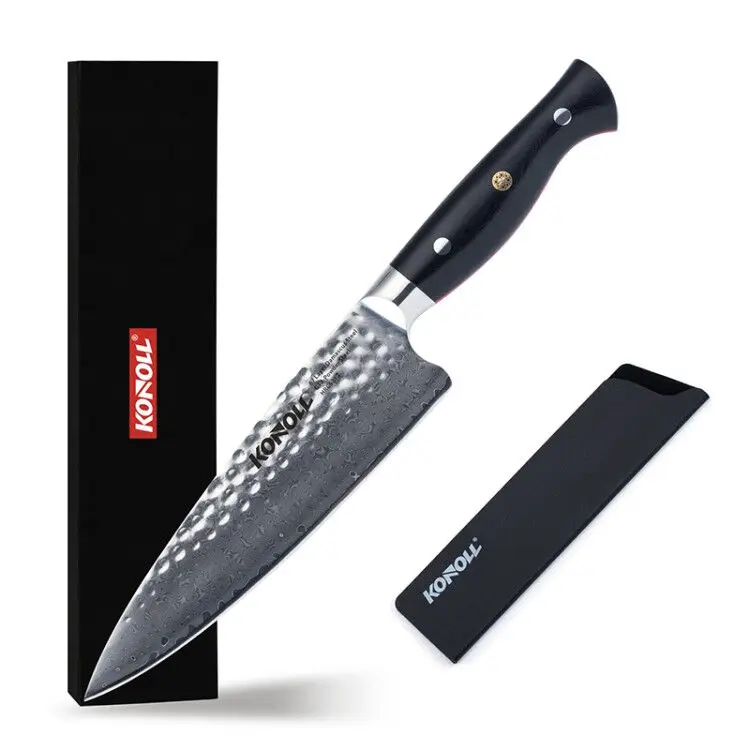 

Konoll 8 Inch Professional Chef Knife GT7 Steel Vacuum Treated Hammered Finish Razor Sharp 67 Layers Damascus Japanese knife