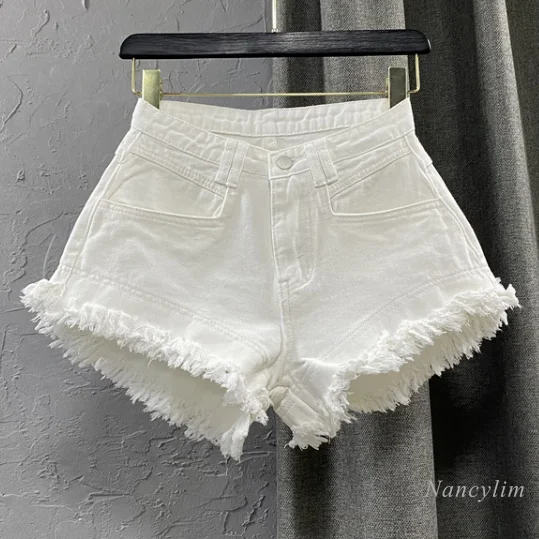 Pantaloncini di jeans bianchi donna nuovi pantaloni a vita alta con frange  strappate a vita alta 2021 estate allentata a gamba larga stile coreano  corto Femme|Jeans| - AliExpress