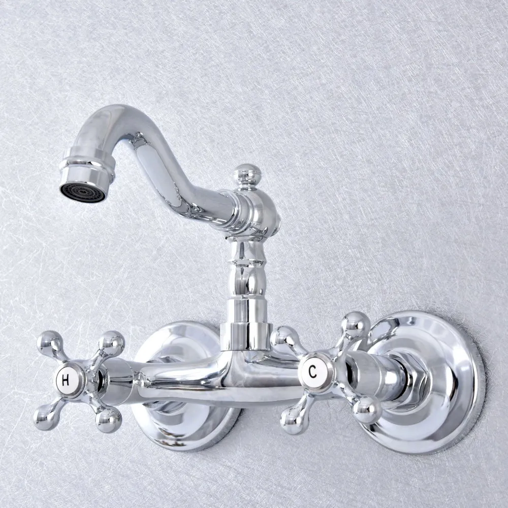 Silver Polished Chrome Brass Wall Mounted Dual Cross Handles Kitchen Bathroom Vessel Sink Faucet Mixer Taps asf783
