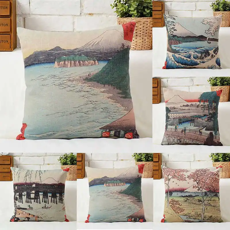 

Fashion Japan Mount Fuji Scenery Pillowcase Square Decor Home Sofa Cushion Cover
