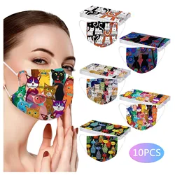10PCS Cat Prints Disposable Face Mask Adult's  Industrial 3Ply  3ply Mask Dustproof Filter Pm2.5 Mask Earloop Bandage Masque NEW