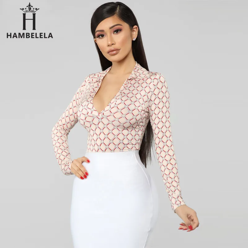 HAMBELELA Women Elegant V Neck Plaid Printed Bodysuits Shirt Casual Siamese Blouse Long Sleeve Playsuits Feminina Blusas (6) - 副本