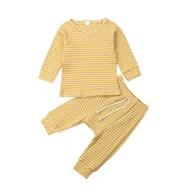 Трикотажная хлопковая одежда для новорожденных девочек и мальчиков полосатая футболка Топы, штаны, леггинсы комплект одежды из 2 предметов для малышей