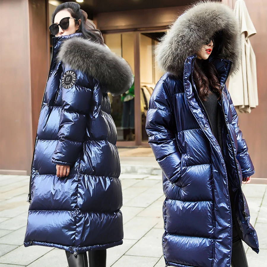 Goedkoop Effen Bont Lange Down Jas Vrouwen Reflecterende Jas Glossy Plus Size Hooded Parka Jas Vrouwelijke Harajuku Warm Wit Eendendons jassen