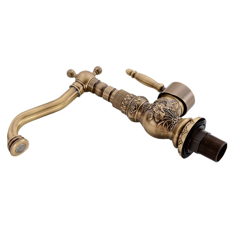 

Antique Brass Bathroom Basin Carved Faucet Longnose Spout Wash Sink Tap 360 Rotation Single Handle Mixer Tap
