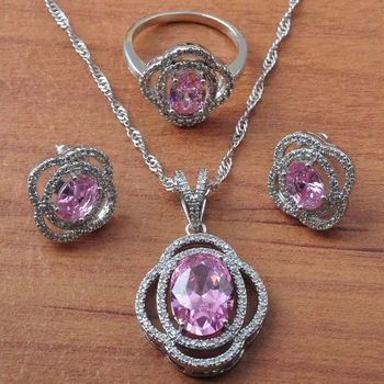 

luxurySilver Color Jewelry Sets For Women Wedding Pink Zirconia Earrings Necklace Pendant Rings Set Brithday Gift JS0635