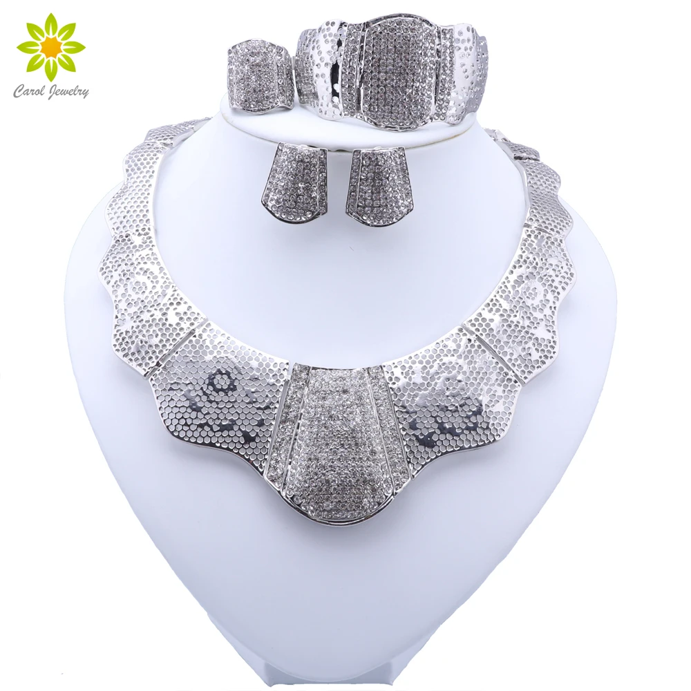 Fashion Silver Plated Wedding Jewelry Sets Crystal Choker Necklace Earrings Bracelet Ring Set Bridal Jewelry Set For Women