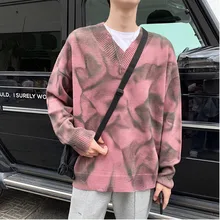 Зимний свитер мужской теплый модный принт Повседневный v-образный вырез мужской пуловер уличная дикая свободная дырочка свитер Мужская одежда M-2XL