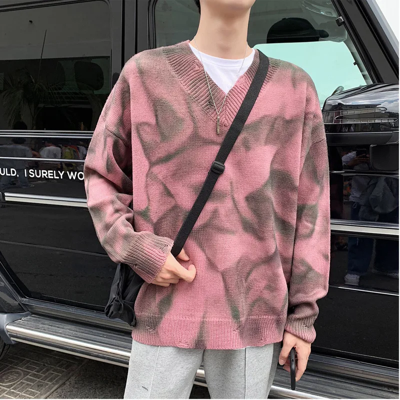 

Winter Sweater Men Warm Fashion Print Casual V-neck Sweater Pullover Men Streetwear Wild Loose Hole Sweter Male Clothes M-2XL