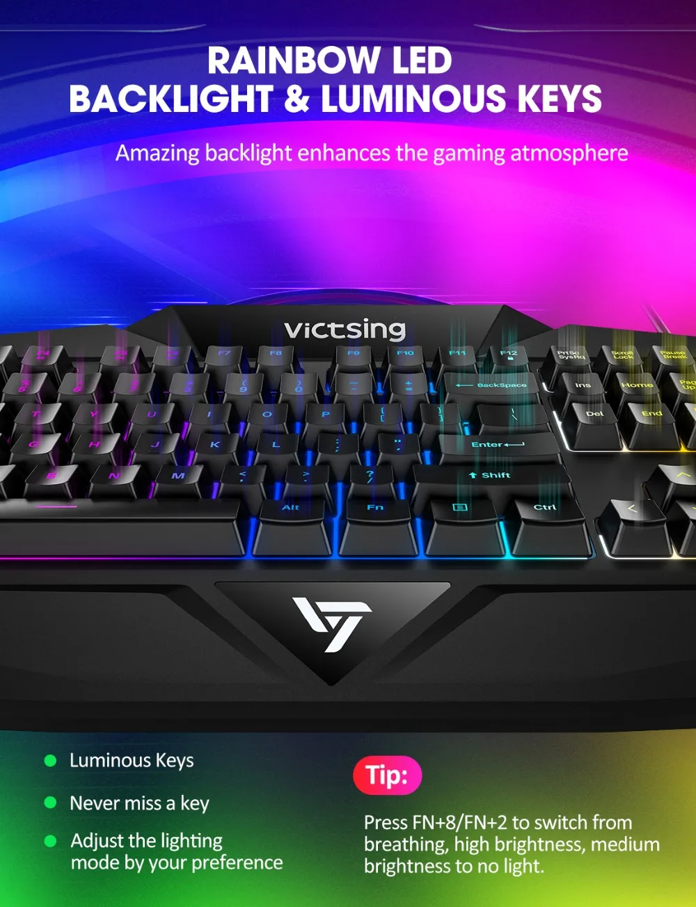 VicTsing PC225 Gaming Keyboard Rainbow LED Backlit Wired Membrane keyboard With Mechanical Feeling Ergonomic Design 112 Keycaps (1)