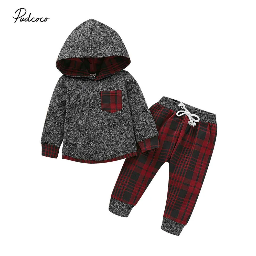 

2019 Brand Toddler Baby Boy Girls Unisex Clothes Warm Hooded Sweatshirt+Pants Outfits Plaid Autumn Casual Clothing Set