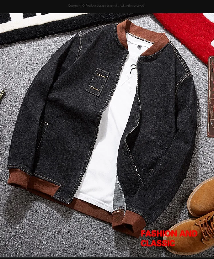 7XL 6XL Мужская черная джинсовая бейсбольная куртка контрастного цвета Повседневная Высококачественная Мужская куртка ковбойская Мужская джинсовая уличная верхняя одежда; YA086