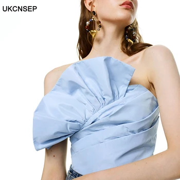 

UKCNSEP Fashion Tide Elegant Patchwork Irregular Women Shirt Slash Neck Sleeveless Tunic Ruched Ruffle Short Blouse Female