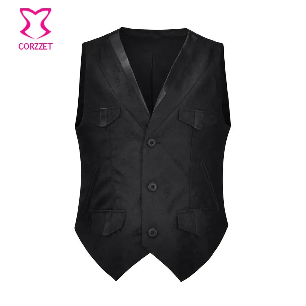 

Black Brocade V Neck Sleeveless Steampunk Suit Vest Men Gothic Waistcoat Corset Medieval Jacket Victorian Coat Vintage Clothes