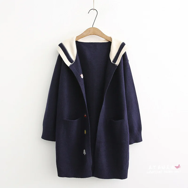 mori girl autumn winter Cartoon cars trees embroidery long hooded Cardigan sweater