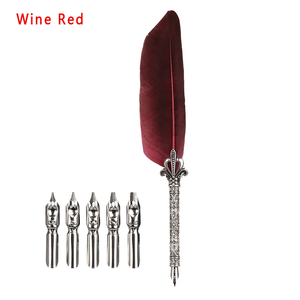 Wine Red 1 Набор, многоцветная ретро ручка-перо, перо-индейка, перо-перо, косая ручка+ 5 перьев+ подарочный набор ручек, канцелярские принадлежности, школьные принадлежности - Цвет: Wine Red