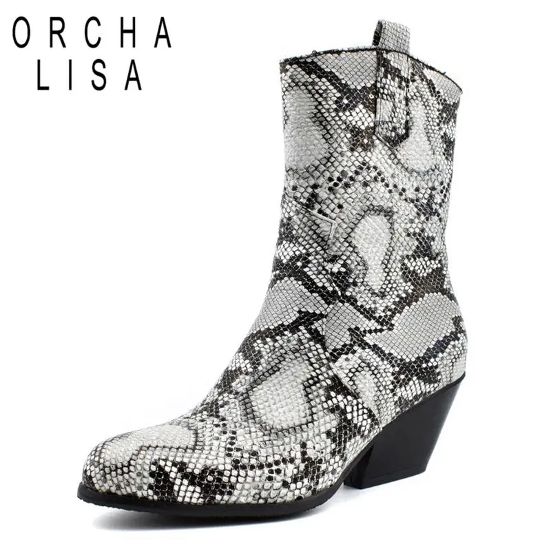 

ORCHA LISA 2020 Female Cowboy boots mid- calf Snakeskin boa pointed toe strange med heels zipper ridding shoes large size 4-17
