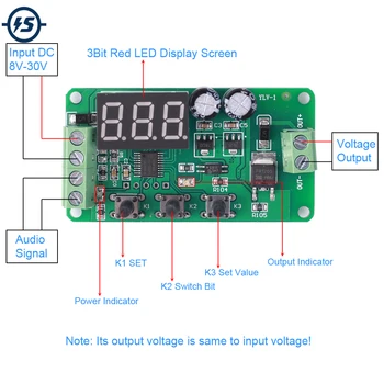 

Audio Signal Detector Sound Monitor DC 8V-30V 0.1s-99.9s Delay Relay Module Control On/Off with Audio Line Width Voltage Power