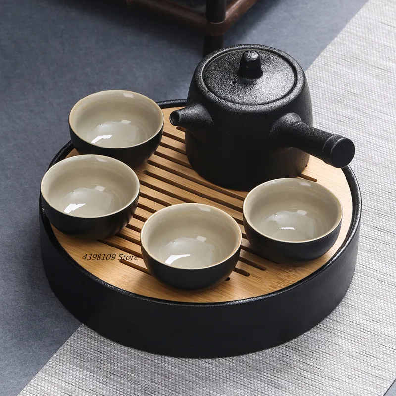 High quality black ceramic tea set / simple one pot four cup portable travel cup office kung fu tea