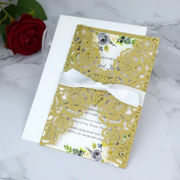 

2020 Luxury Gold Shimmer Rose Laser Cut Wedding Invitation with Ivory Ribbon & Envelope Quinceanera Invites 50pc/lot