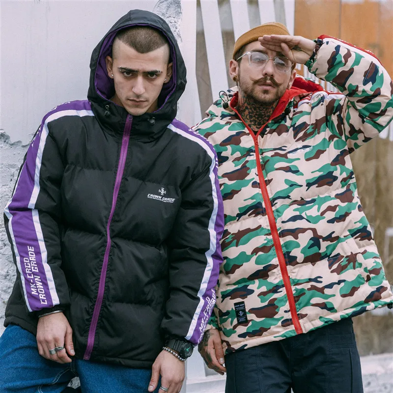Зимний, мужской, плотный, теплый, с буквенным принтом, Камуфляжная парка с капюшоном, куртки в стиле хип-хоп, повседневное ветрозащитное пальто с хлопковой подкладкой, верхняя одежда