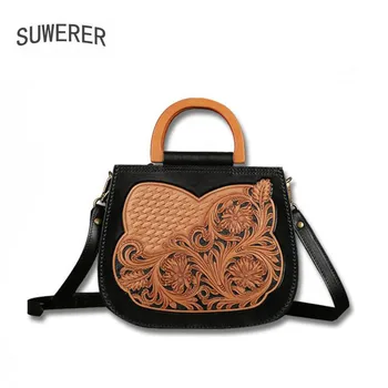 

SUWERER 2020 New Real Cowhide Hand carved handbags women Genuine Leather bag fashion Luxury handbags women famous brand bags
