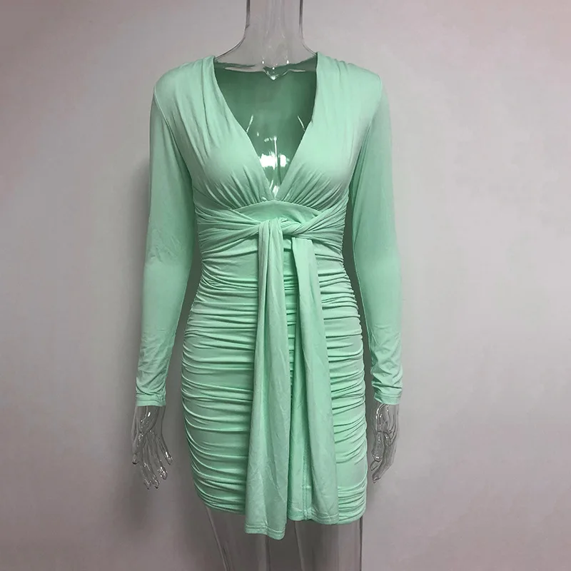Криптографическое облегающее платье, женское платье с длинным рукавом, однотонное платье с рюшами, глубокий v-образный вырез, на шнуровке, сексуальное мини-платье, модное платье-карандаш, осень - Цвет: green