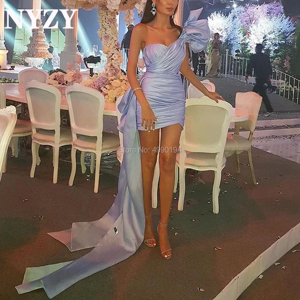 Sky Blue Cocktail Dresses NYZY C228 One Shoulder Pleats Satin Dress Party Evening Prom Graduation Homecoming