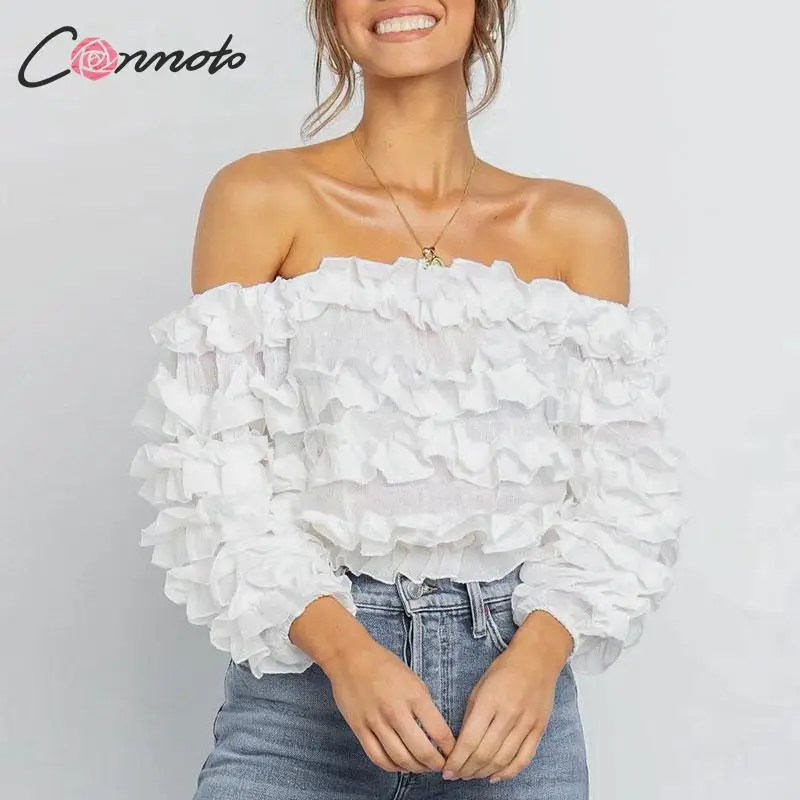 Conmoto, сексуальные, с открытыми плечами, одноцветные, женские блузки, рубашки, с оборками, Осень-зима, повседневные блузки с коротким рукавом, Blusa Mujer
