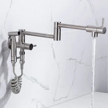 

Pot Filler Tap With Sprayer Wall Mounted Foldable Kitchen Faucet Single Cold Nickel Sink Tap Rotate Folding Spout SUS304