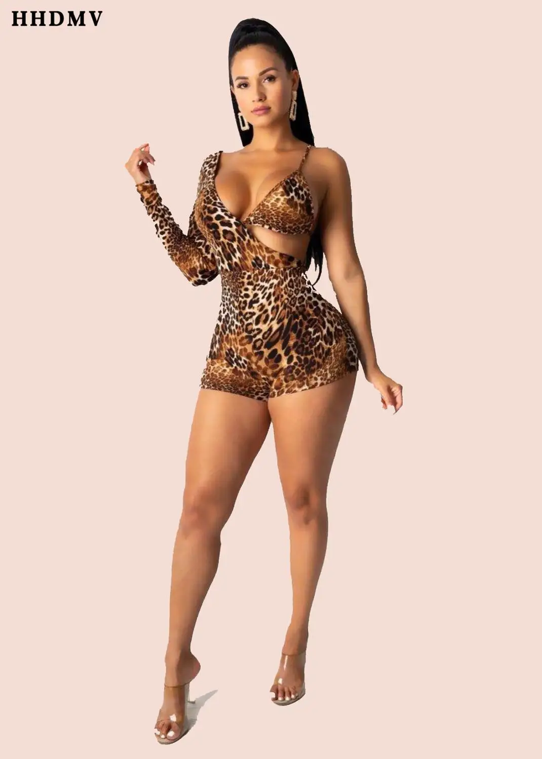 HHDMV QJ818 sexy tribal peoples style jumpsuits sleeveless condole belt hollow out leopard grain irregular jumpsuits short pants