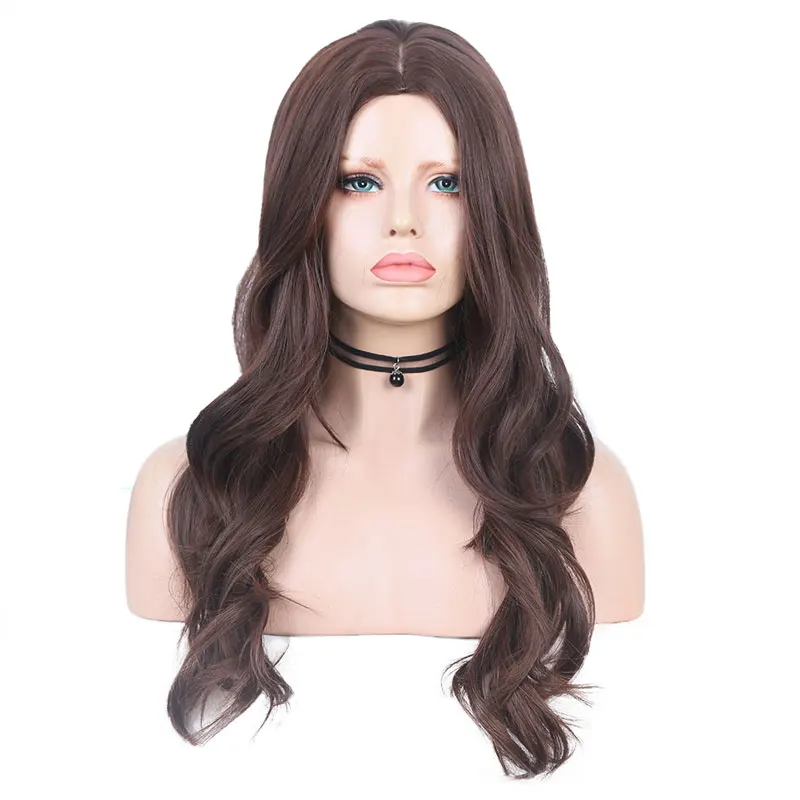 Bombshell Dark Brown Natural Wave Synthetic Wig Glueless Heat Resistant Fiber Hair Middle Parting For African American Women