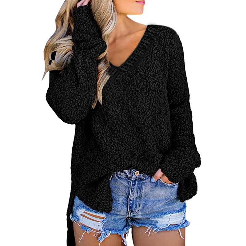 LOGAMI Long Sleeve V Neck Fleece Pullover Soft Sweater and Pullover Womens Knit Jumper