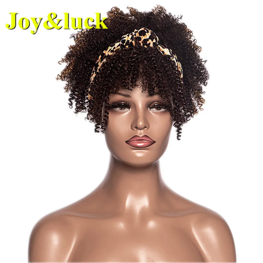 Synthetic Short Turban Wig Headband And Wig Linked Together Kinky Curly For African Women With Bangs Wigs