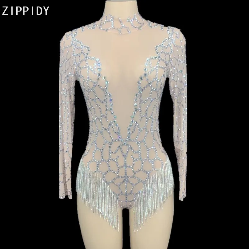 Silver Rhinestones Fringes Backless Transparent Net Bodysuit Women Dancer DS Wear Birthday Celebrate Outfit YOUDU | Тематическая