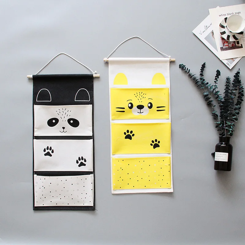 

Cute Cotton Linen Storage Bags 3 Pockets Water-proof Kid Room Storage Bag For Wall Door-back Cartoon Printed Hanging Organizers