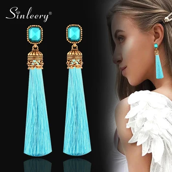 SINLEERY Female Red Black Square Cubic Zirocnia Long Silk Tassel Earring Boho Antique Gold Color Ethnic Jewelry ES157 SSH