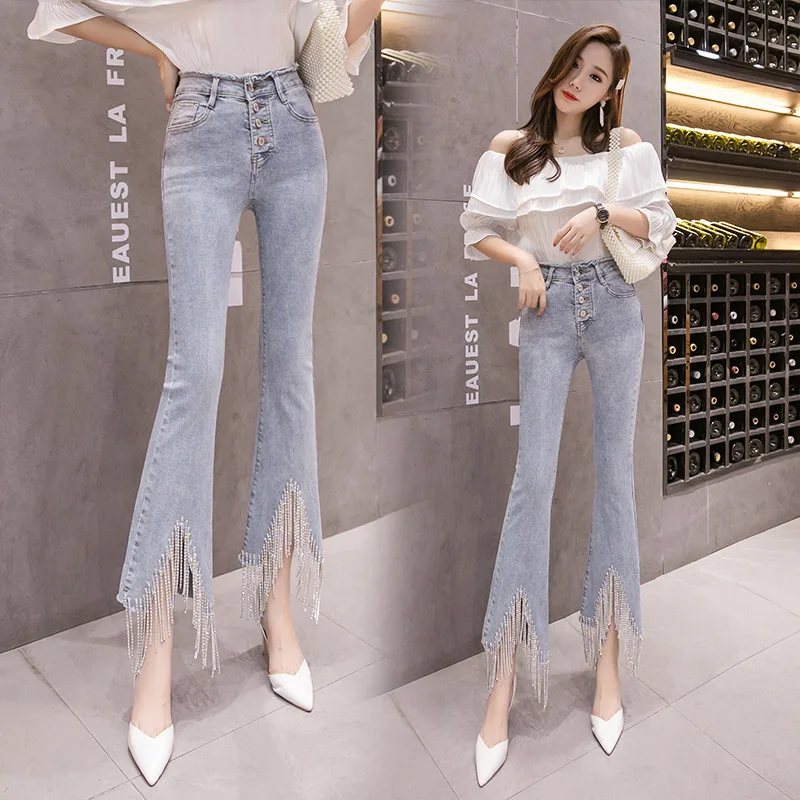 Jeans Women with Diamond Chains Tassels 