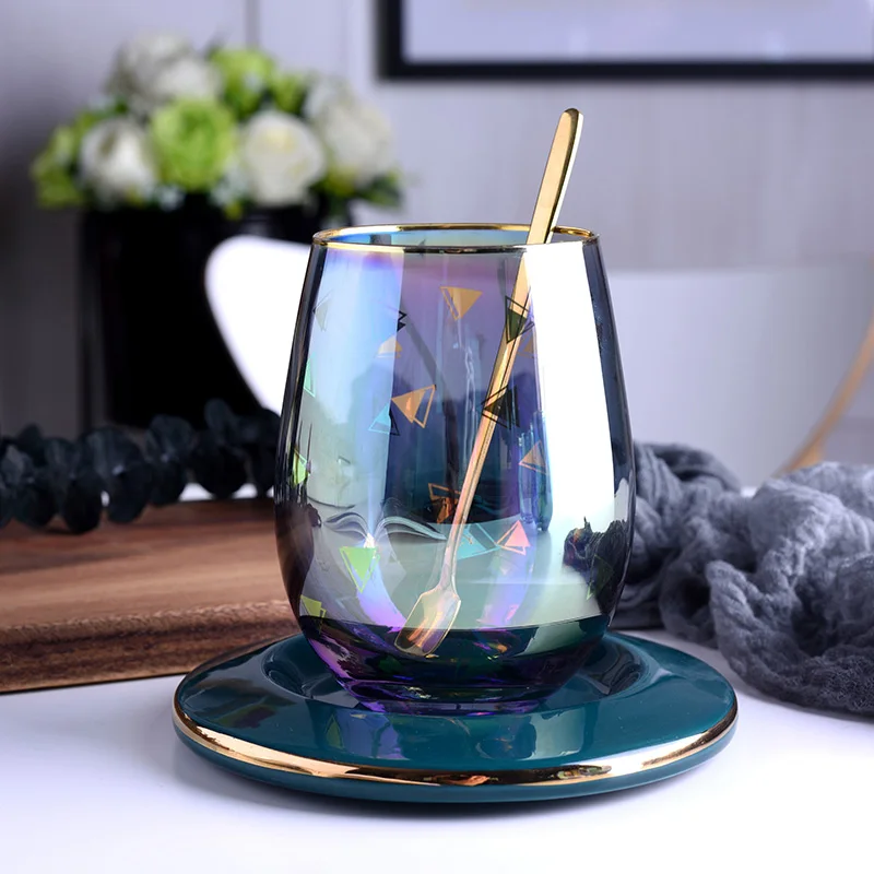 cup and saucers 1set Креативная многоцветная стеклянная кружка для воды бокал для вина es роскошный кофе чашка набор блюдца с ложкой термостойкая чайная чашка - Цвет: cup and saucers 1set