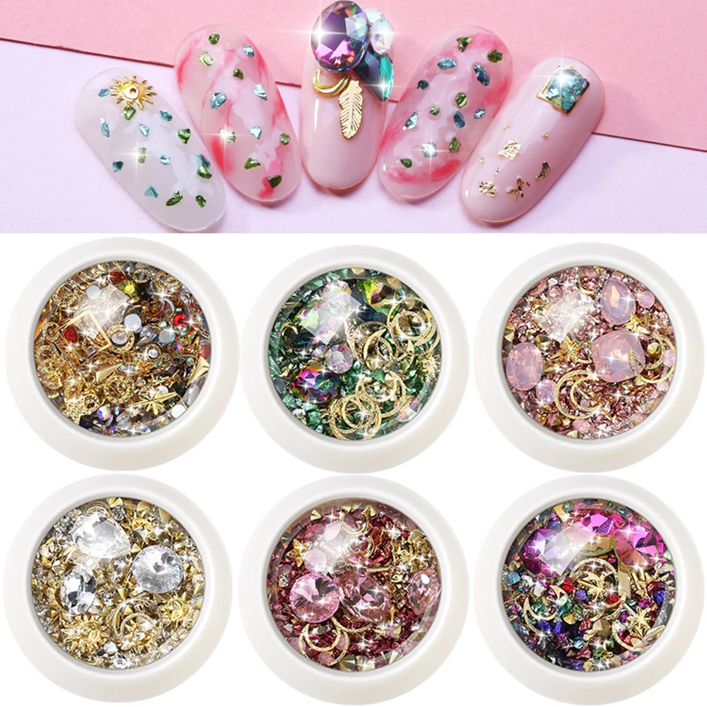 

6 Styles 3D Crystal Nail Rhinestones Star Moon Design Metal Rivet Rhinestone Mixed Nail Art Decoration DIY Manicure Accessories