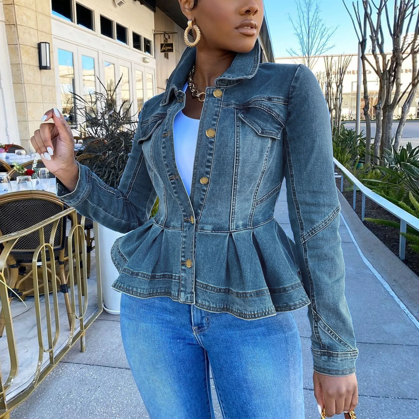 Denim Jacket Ruffle Hem Slim Fit 