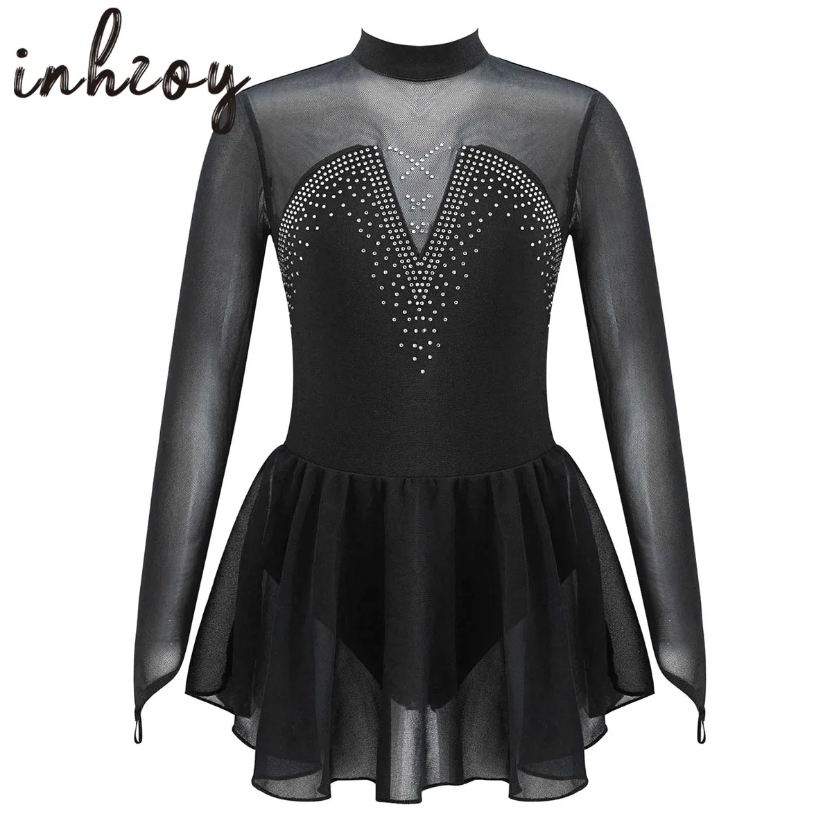 

Kids Girls Figure Skating Dress Mesh Long Sleeve Shiny Rhinestone Ballet Dance Gymnastics Leotard Stage Competition Dancewear